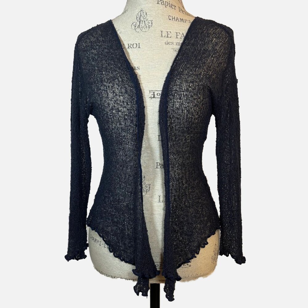 Boho Dark Blue Sheer Knit Cardigan with Ruffle Trim – Imported from Bali